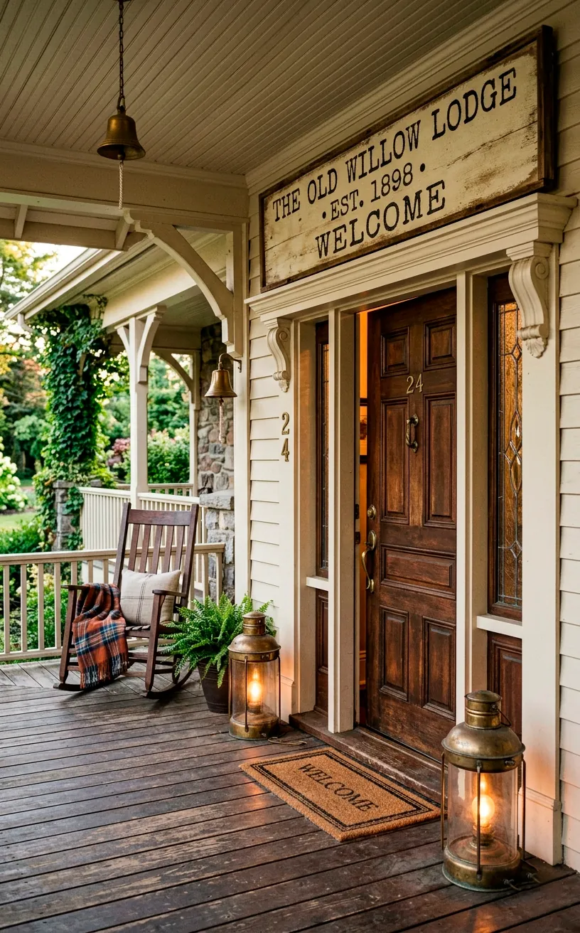 Wide horizontal wooden heritage sign with a vintage typewriter font resting on a classic front porch deck