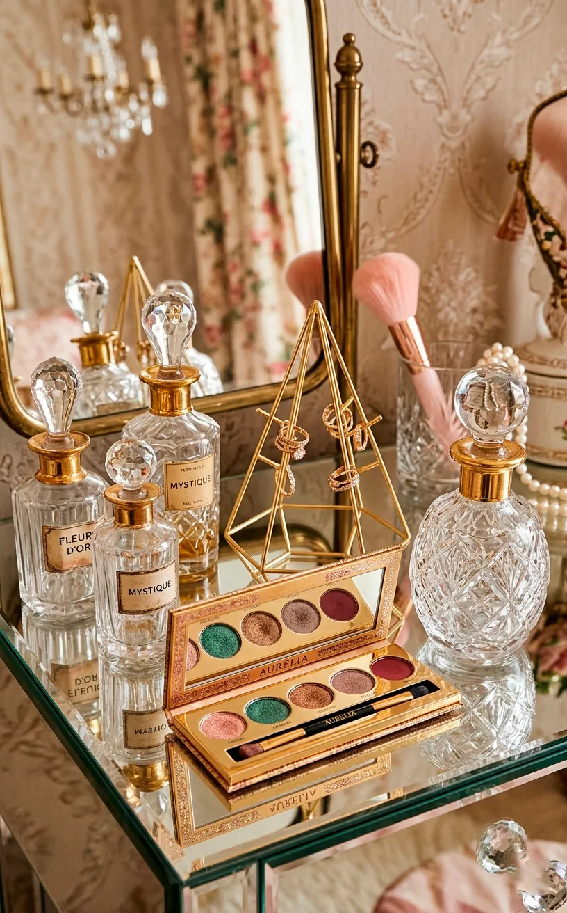 Vintage crystal perfume bottles and a gold ring holder on a mirrored vanity surface.