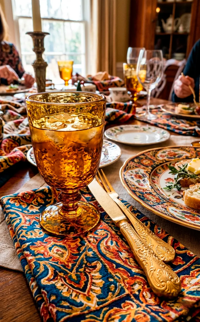 Amber glass goblets and matte gold ornate flatware on a colorful patterned napkin.
