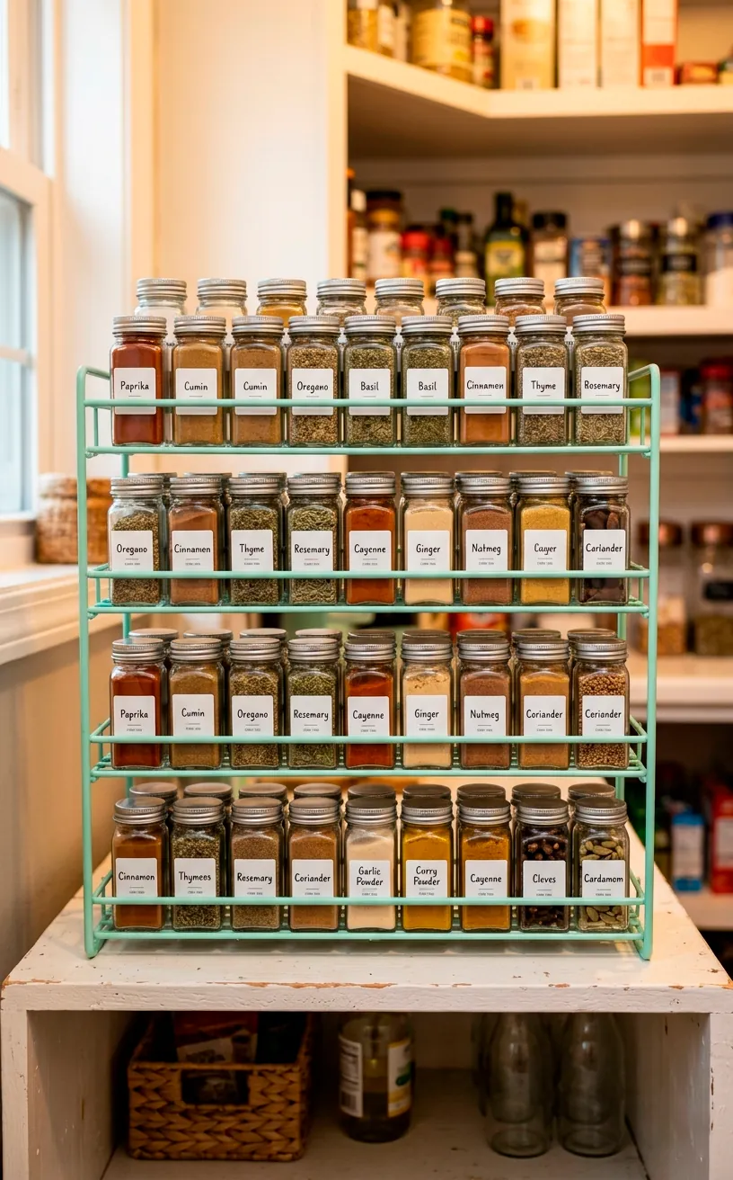 Tiered mint green expandable spice rack organizing neatly labeled glass spice jars on a clean white pantry shelf.