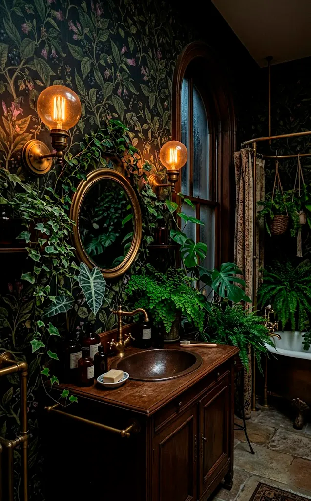 Victorian nightshade creeping vine dark wallpaper in a bathroom