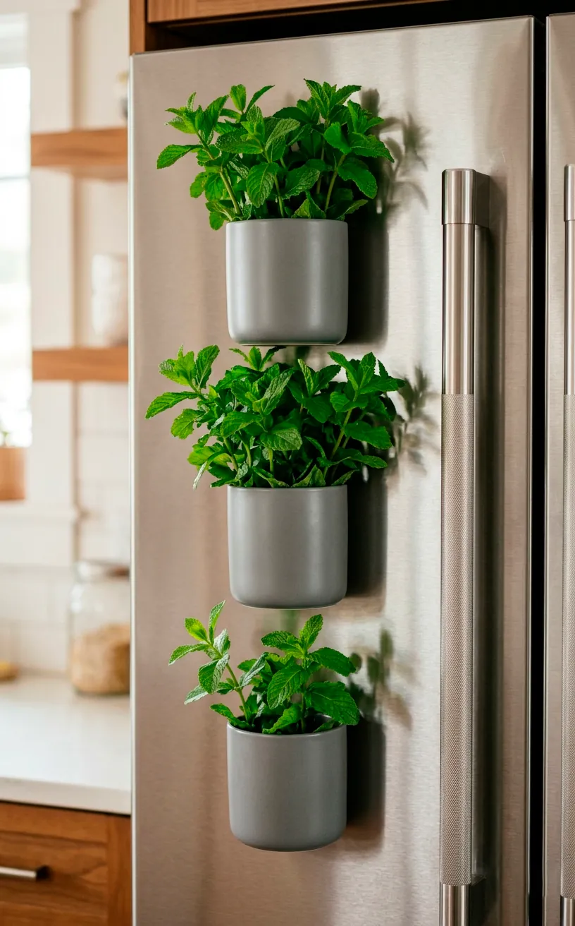 Magnetic self watering herb planters attached to a stainless steel refrigerator.
