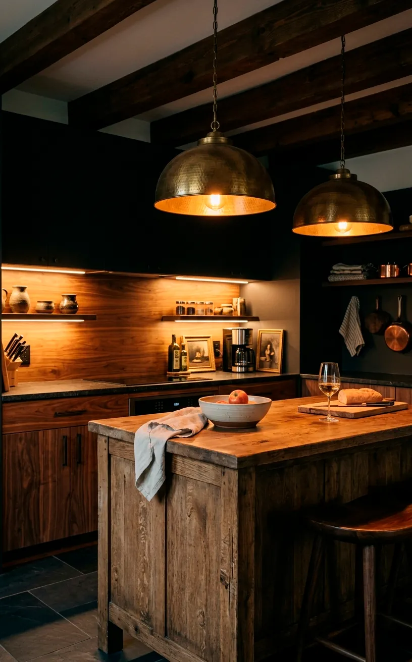 Cozy dark kitchen illuminated by warm glowing LED under-cabinet lights and brass pendant lamps over a wooden island.