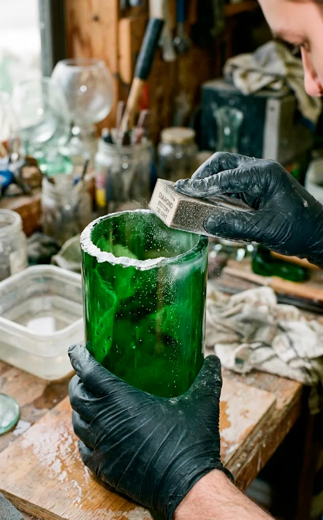 Person wearing protective gloves sanding the sharp cut edge of a green glass vase with a block.