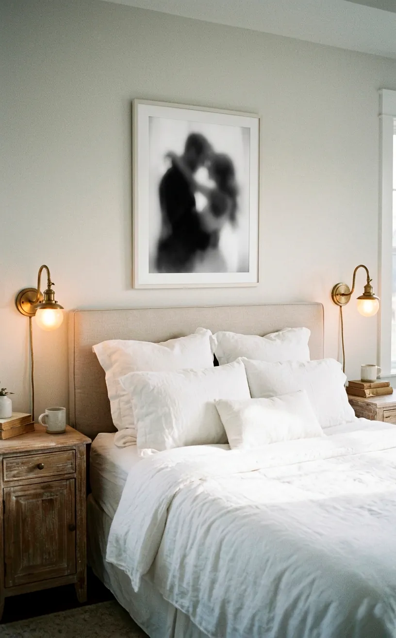 Soft focus romantic black and white silhouette portrait in a cozy bedroom.