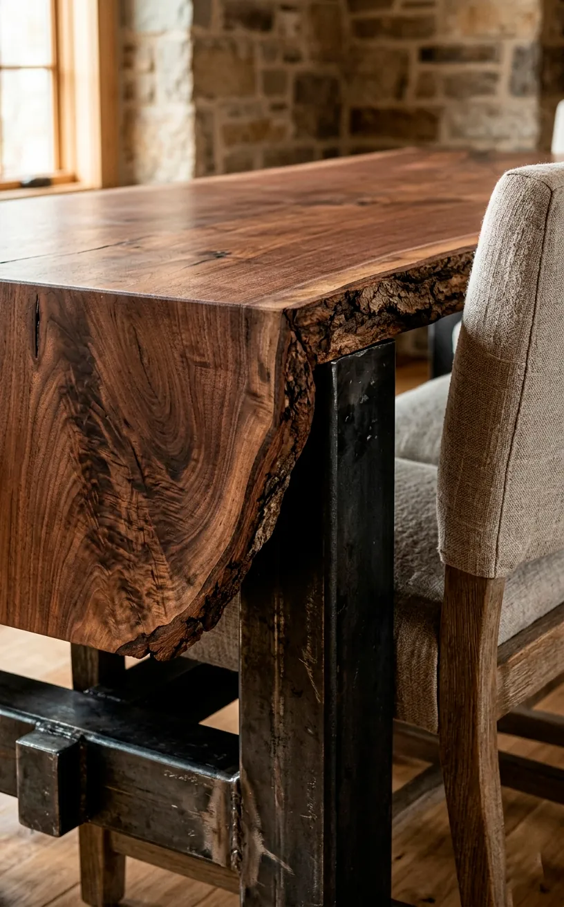 Close up of a live-edge walnut table with black steel legs next to a soft linen chair