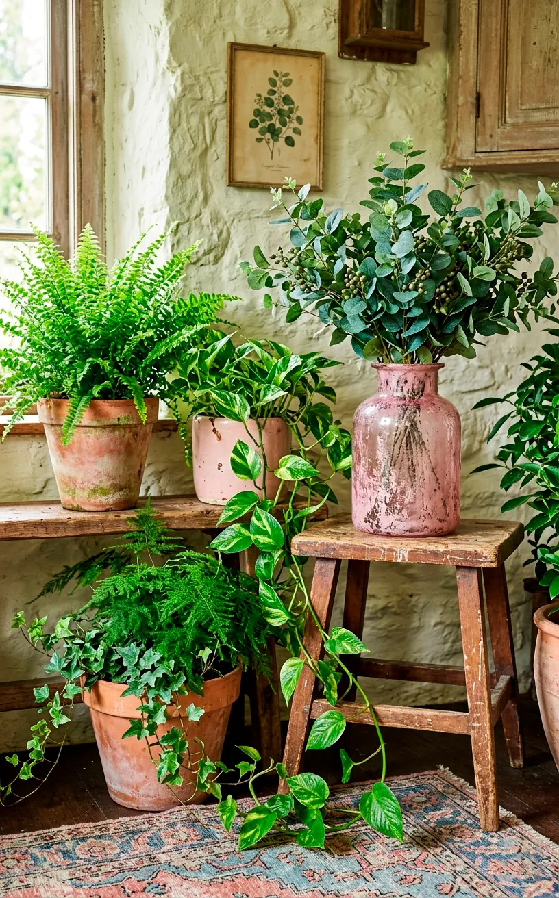 Botanical cottage corner featuring lush green ferns and trailing plants in beautiful blush pink planters.