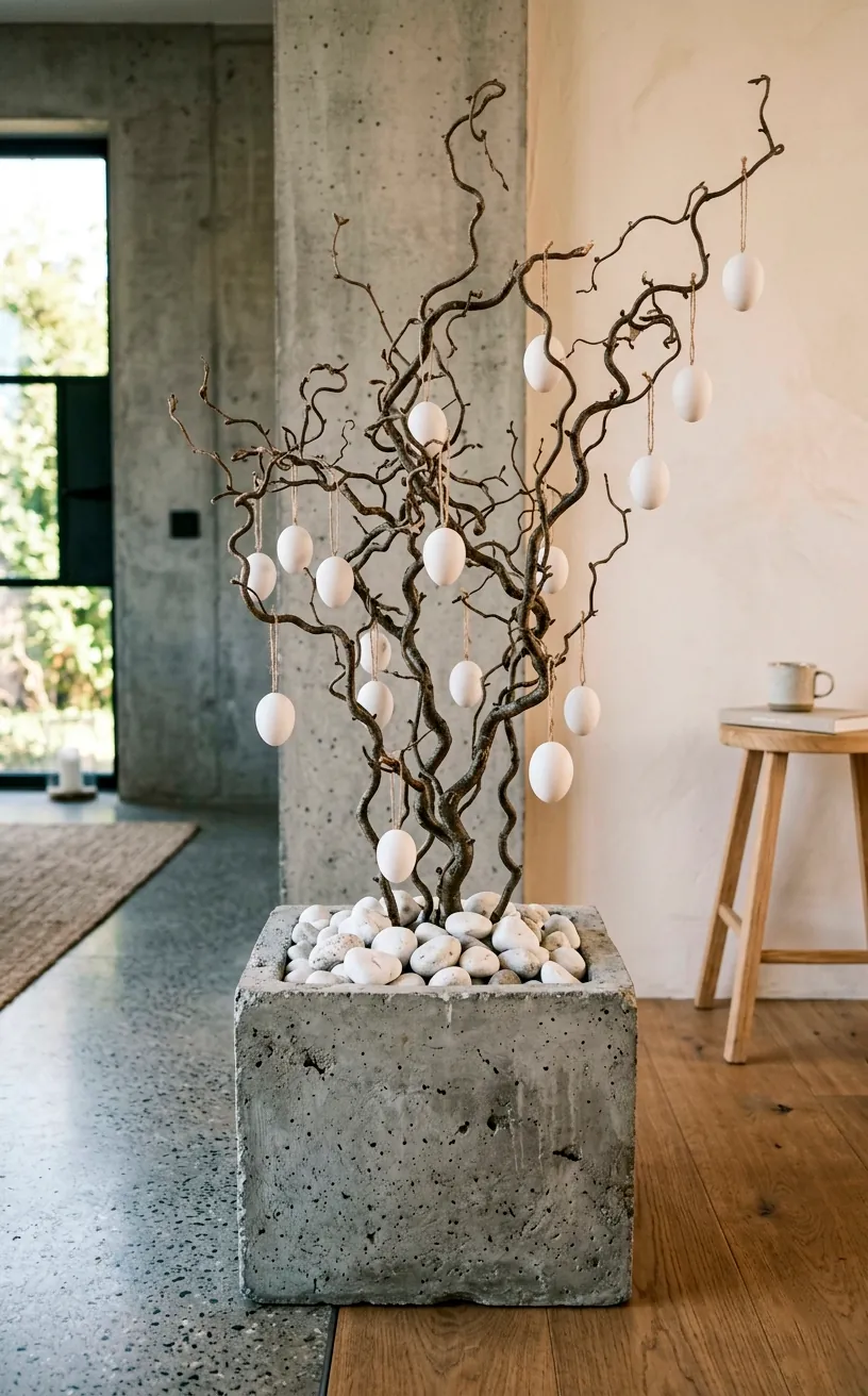 Raw concrete planter filled with twisted hazel branches and white eggs in a modern room.