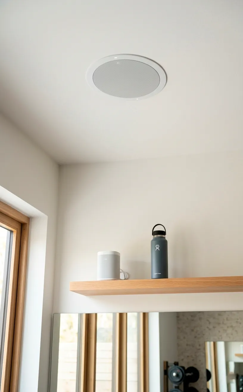 Minimalist home gym featuring an integrated ceiling speaker and a smart voice assistant on a shelf.