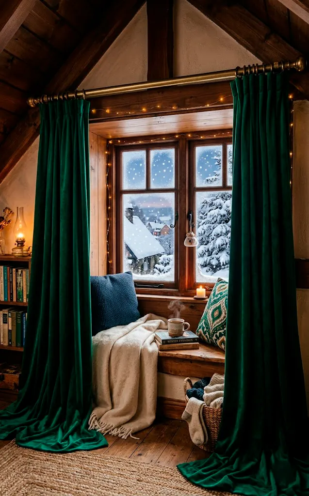 Heavy emerald green velvet curtains hanging over an attic dormer window