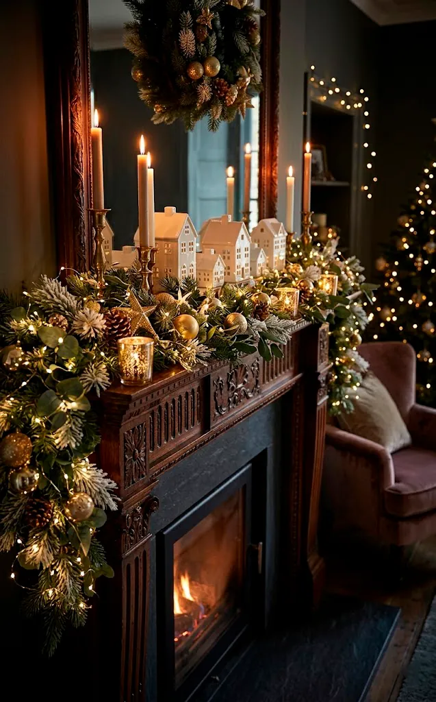 Magical winter mantel lit by warm fairy lights and flickering flameless candles at night.