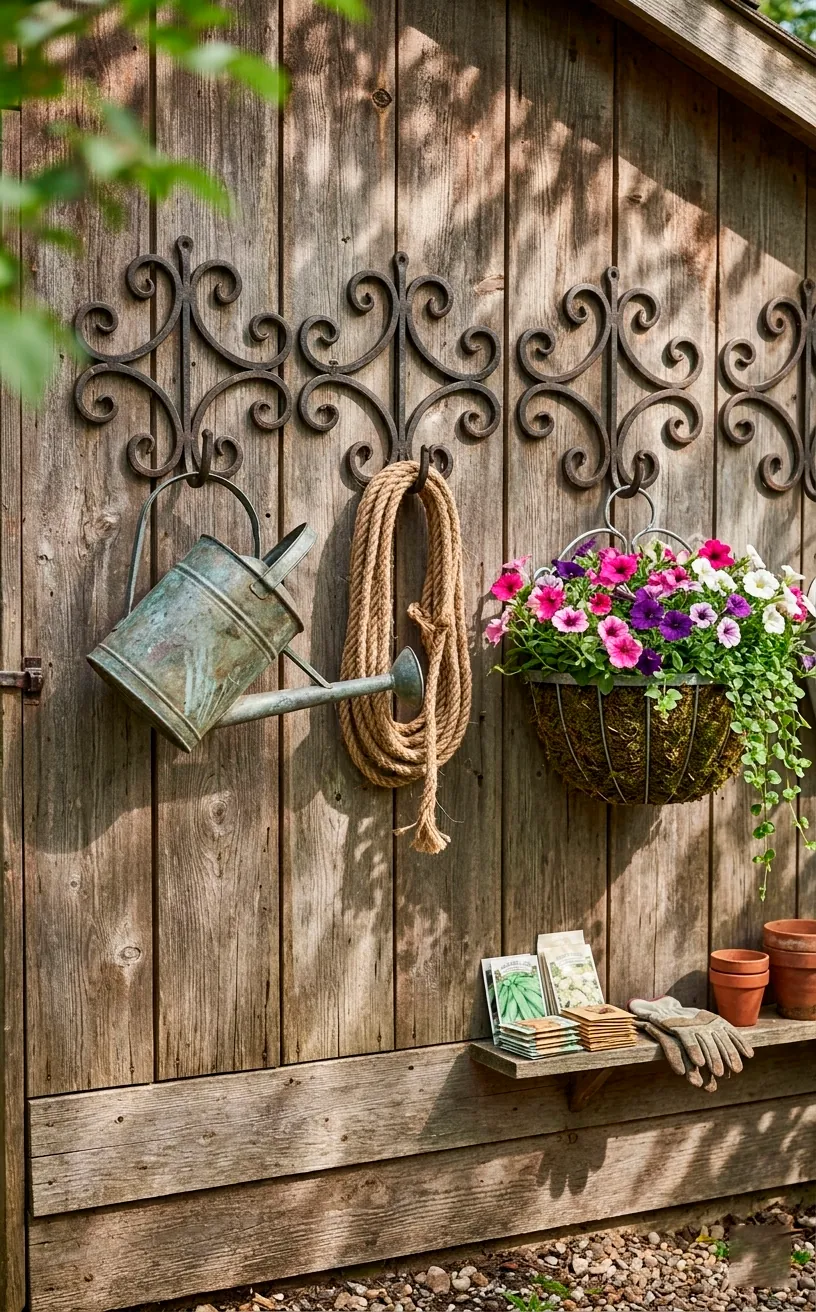 Outdoor wrought iron hooks on a wooden shed holding a watering can and flower basket in a garden setting.