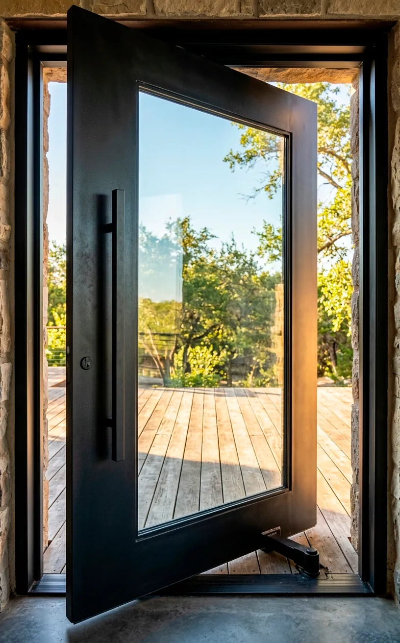 Modern black steel pivot door in a sunroom opening toward an outdoor wooden deck.