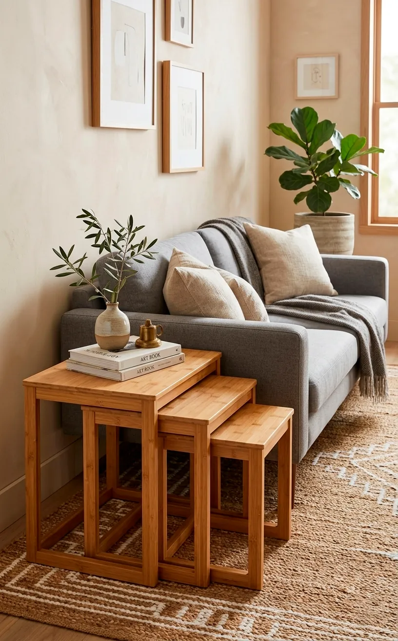Set of three sustainable bamboo nesting tables next to a sofa in a compact living room.