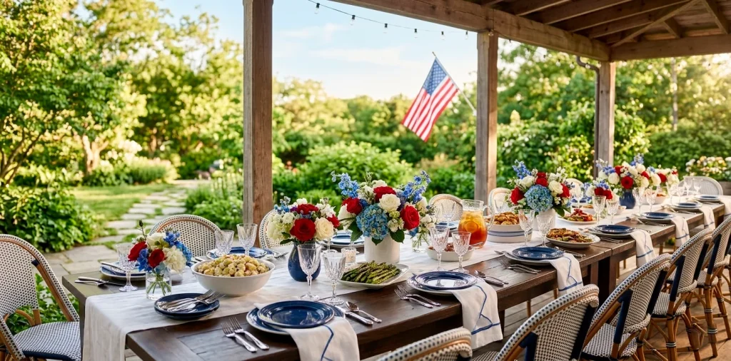 Elegant Memorial Day table setting with red white and blue floral centerpieces on a farmhouse table.