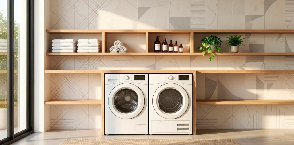 A modern bright laundry room with minimalist geometric patterns on the wall and sleek white appliances.