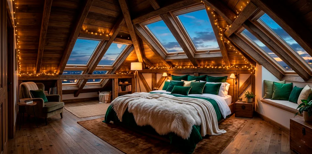 Luxurious cozy attic bedroom featuring emerald velvet blankets and plush faux fur pillows under sloped wooden ceilings.