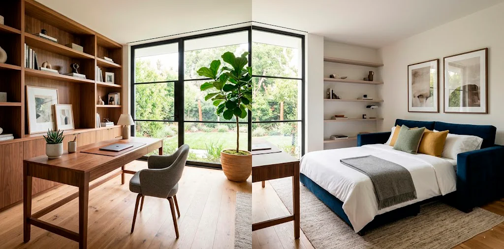 Elegant home office and guest room combo featuring a walnut desk and velvet sofa bed