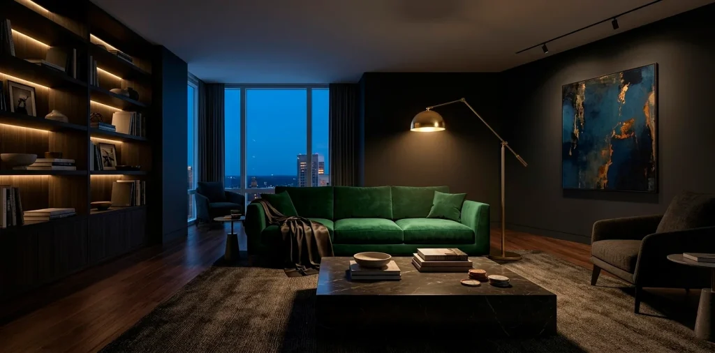 Wide shot of a moody living room with emerald velvet sofa and intimate golden ambient lighting at night.