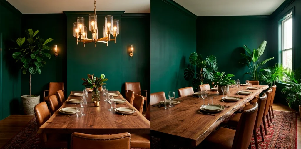 Moody jungle green dining room with dark walls, lush tropical plants, walnut table, and glowing brass lighting.
