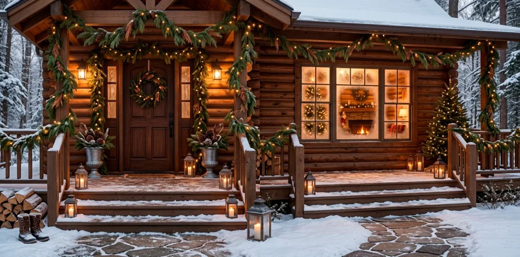 Cozy rustic front porch decorated with fresh cedar garlands, pine branches, and warm lights for the holidays.