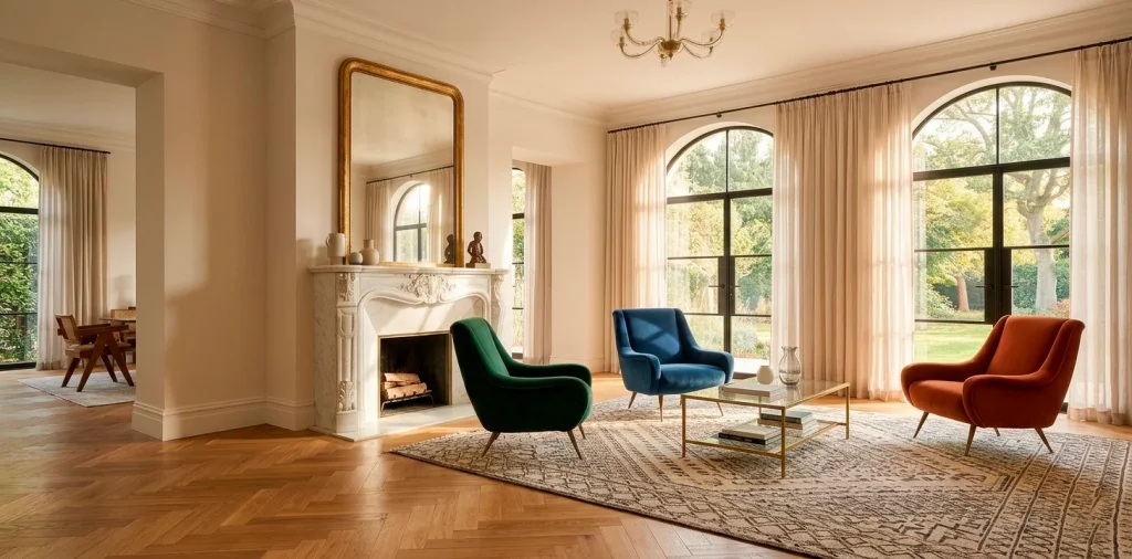 Wide shot of a luxurious living room with colorful velvet statement chairs and high-end decor accents.