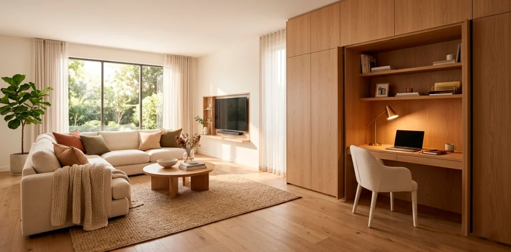 A stylish living room featuring a warm oak cabinet that opens into a hidden small home office setup.