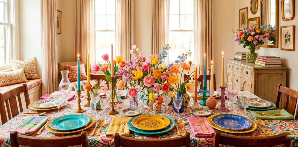Vibrant maximalist spring tablescape featuring bold colored plates, clashing patterns, and a lush floral centerpiece.