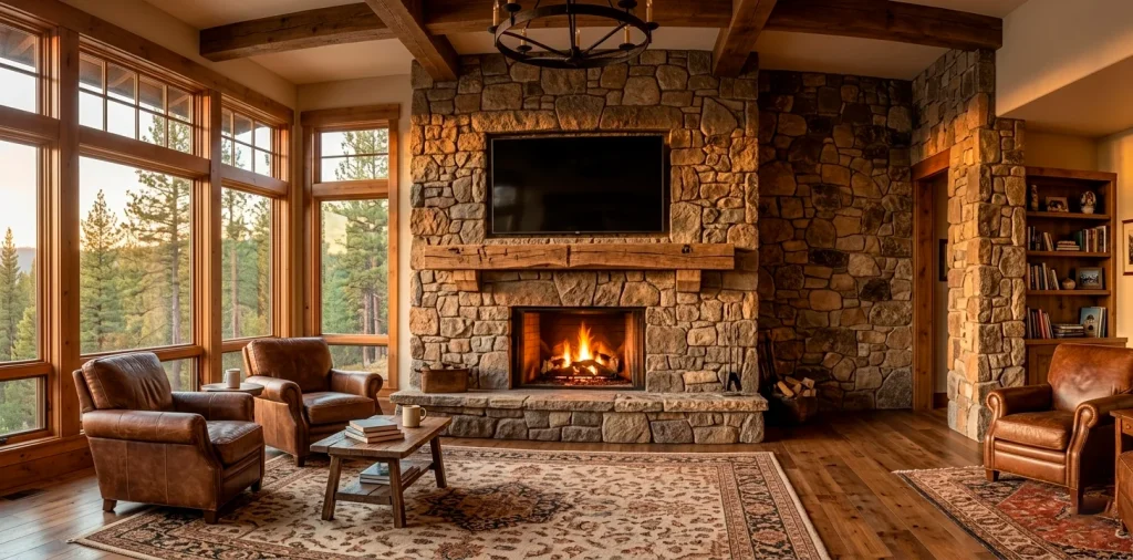 Cozy rustic living room with a large stone fireplace and TV wall under warm evening light.