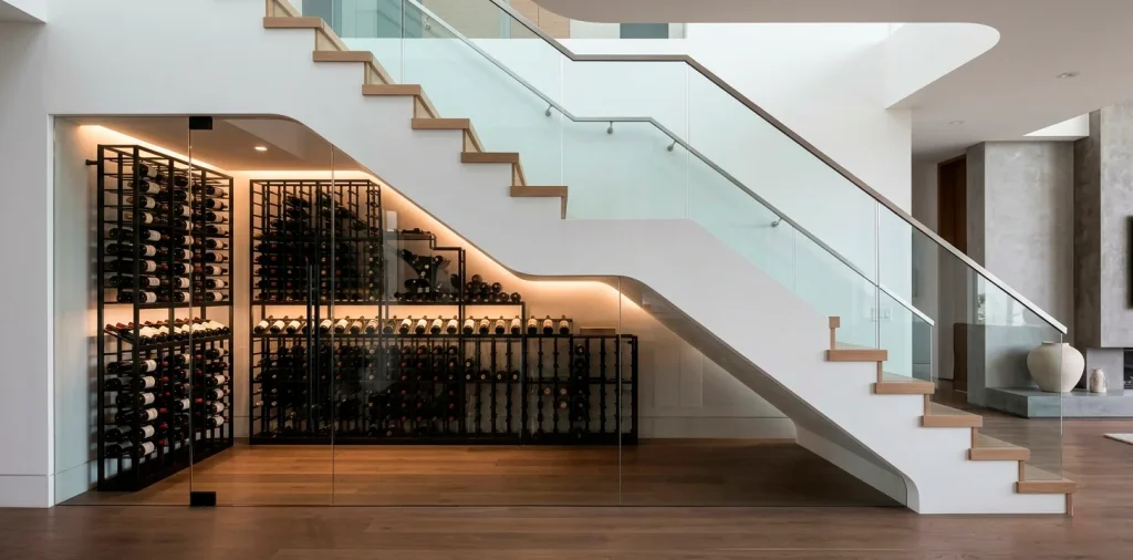 Wide horizontal view of a luxury modern under-stair wine cellar with frameless glass doors and warm LED lighting