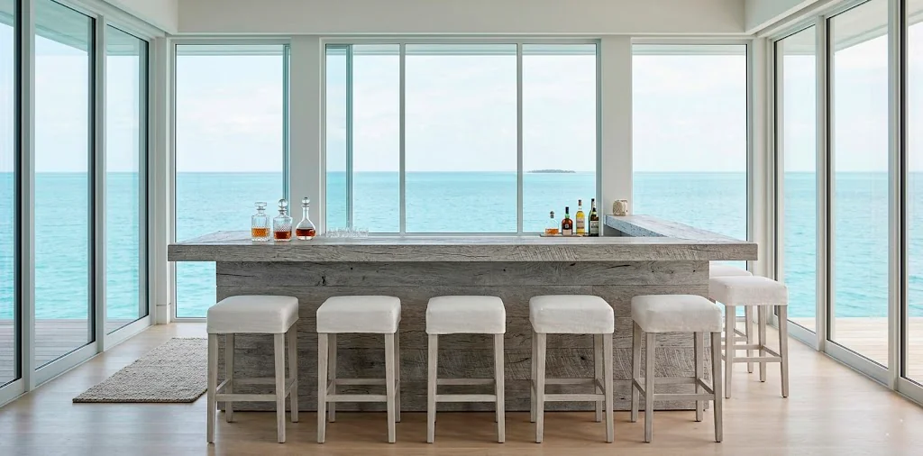 A luxurious coastal home bar made of silver-gray weathered wood with ocean views and white linen stools.