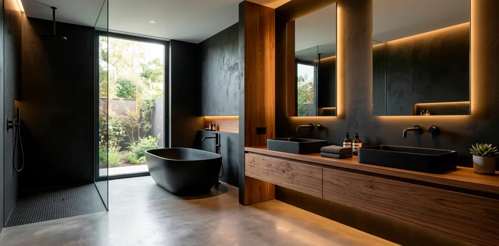 Luxurious modern bathroom featuring deep charcoal walls balanced with a rich walnut wood floating vanity and ambient lighting.