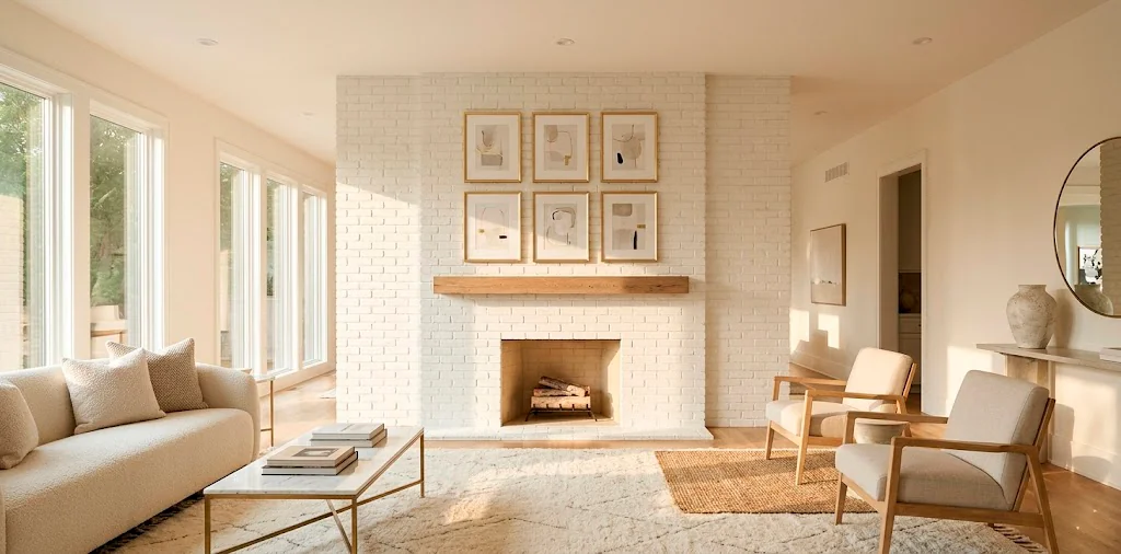 Wide landscape view of a modern living room featuring a symmetrical gallery wall above a white fireplace.