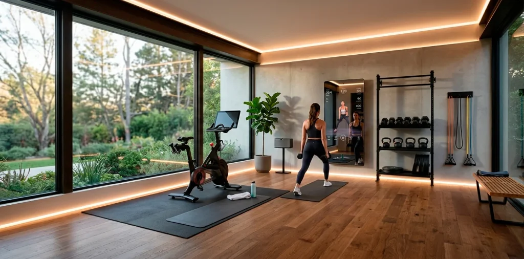 Modern smart home fitness hub with interactive mirror, ambient lighting, and sleek workout equipment.