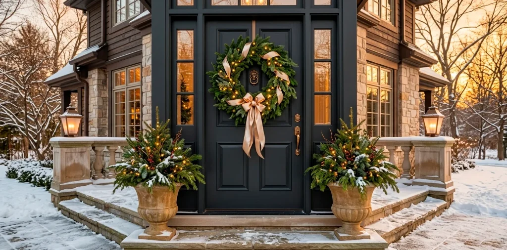 Luxurious grand evergreen wreath with warm lights on a dark front door, elegant winter porch decor.