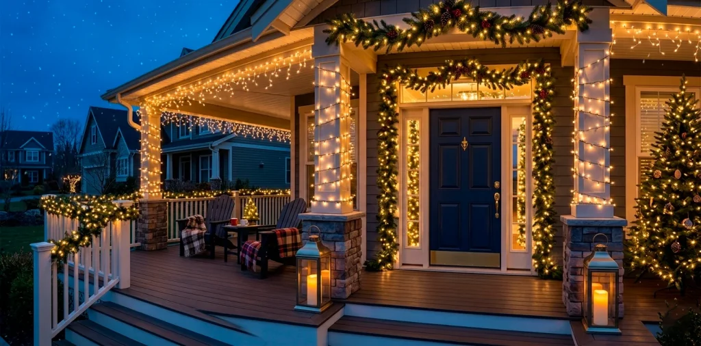 Beautifully lit outdoor porch decorated for Christmas with string lights and glowing garlands at twilight