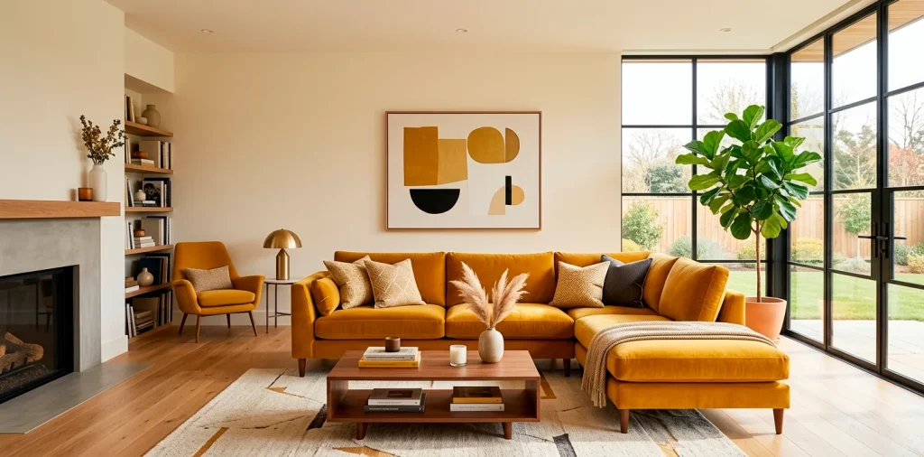 Modern living room beautifully decorated with the trendy 2025 sunny mustard yellow interior design accents.