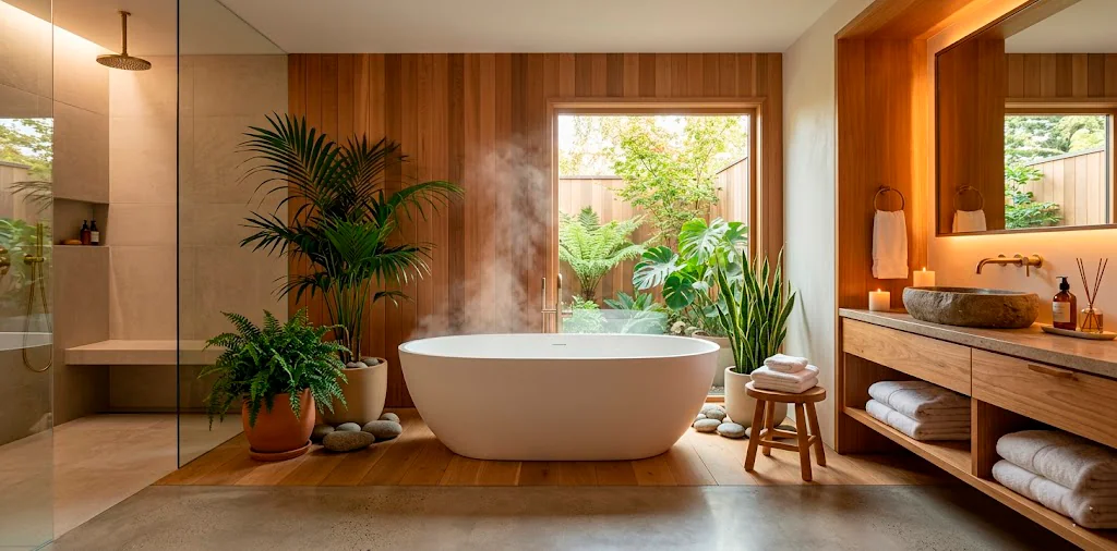 Luxurious modern home spa bathroom with a freestanding tub, warm lighting, and natural wood accents.