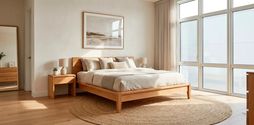 A modern minimalist bedroom featuring a sturdy handmade wooden platform bed frame under soft natural sunlight.