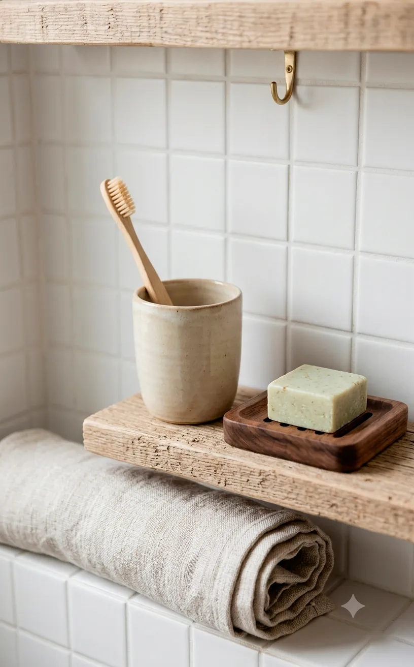 Sustainable small bathroom essentials including bamboo toothbrush and solid shampoo bar on a shelf.