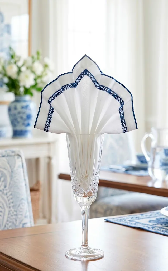 Classic standing fan napkin fold in a crystal glass with navy embroidered details.