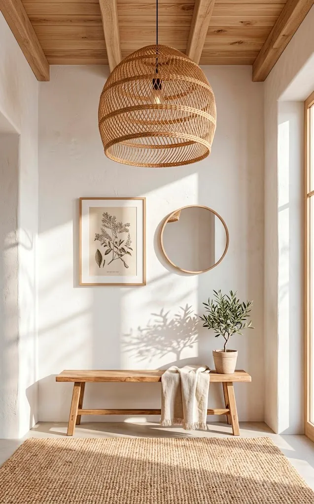 Entryway with a large rattan pendant light casting shadows over a jute rug and wooden bench.
