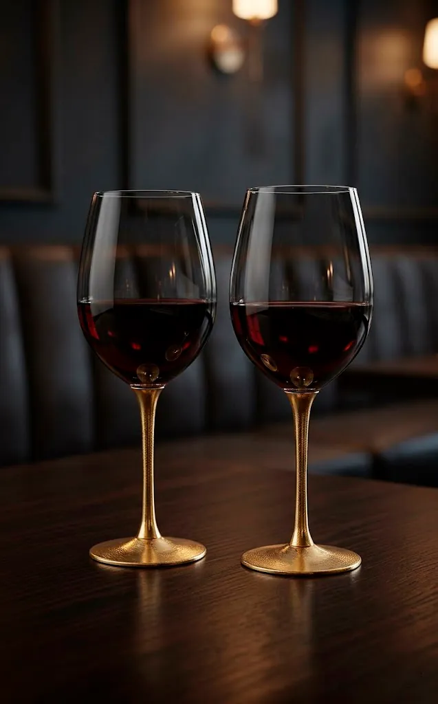 Smoked black wine glasses with gold stems.