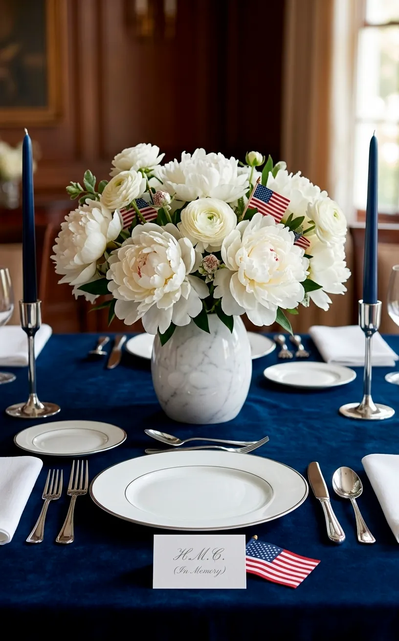 Sophisticated white peony centerpiece on a navy blue tablecloth with taper candles.