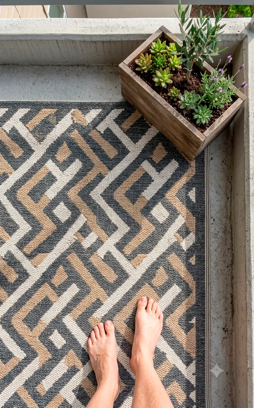 Geometric flat-weave polypropylene outdoor rug placed on a balcony floor.