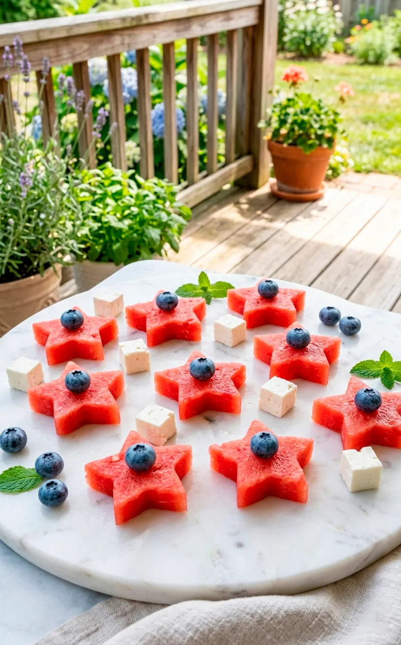 Star-shaped watermelon and feta cheese bites with blueberries on marble.