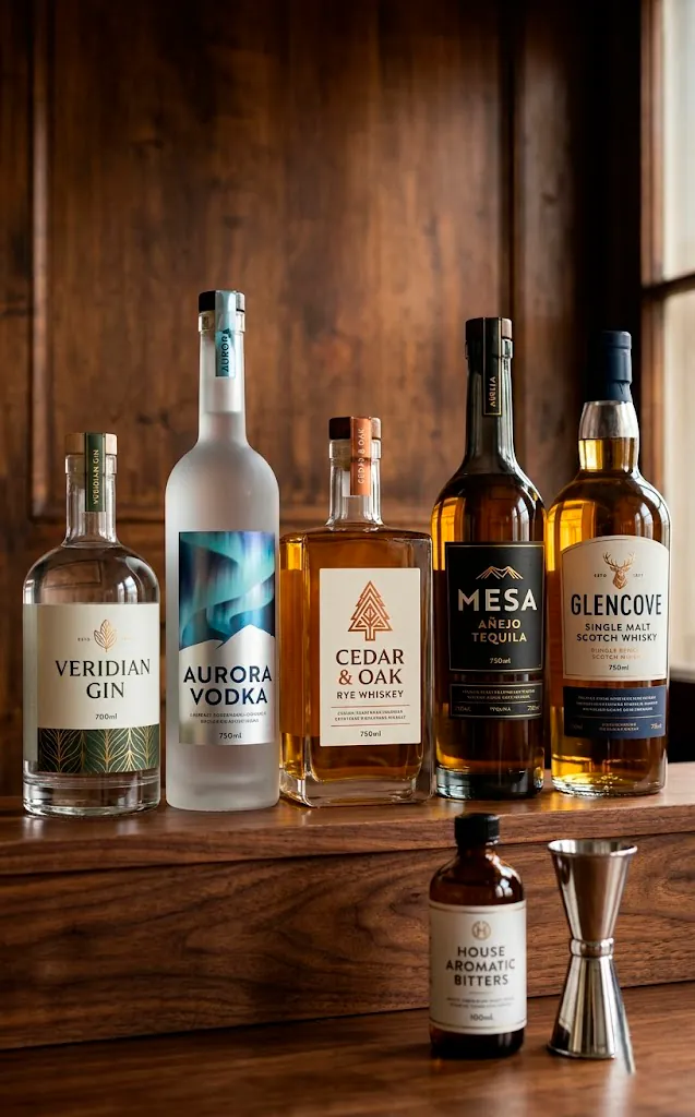 A curated selection of premium liquor bottles and cocktail bitters on a bar shelf.