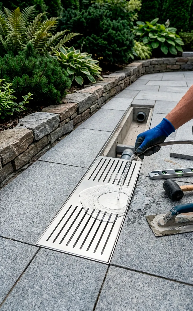 Stainless steel trench drain installation on a modern stone patio.