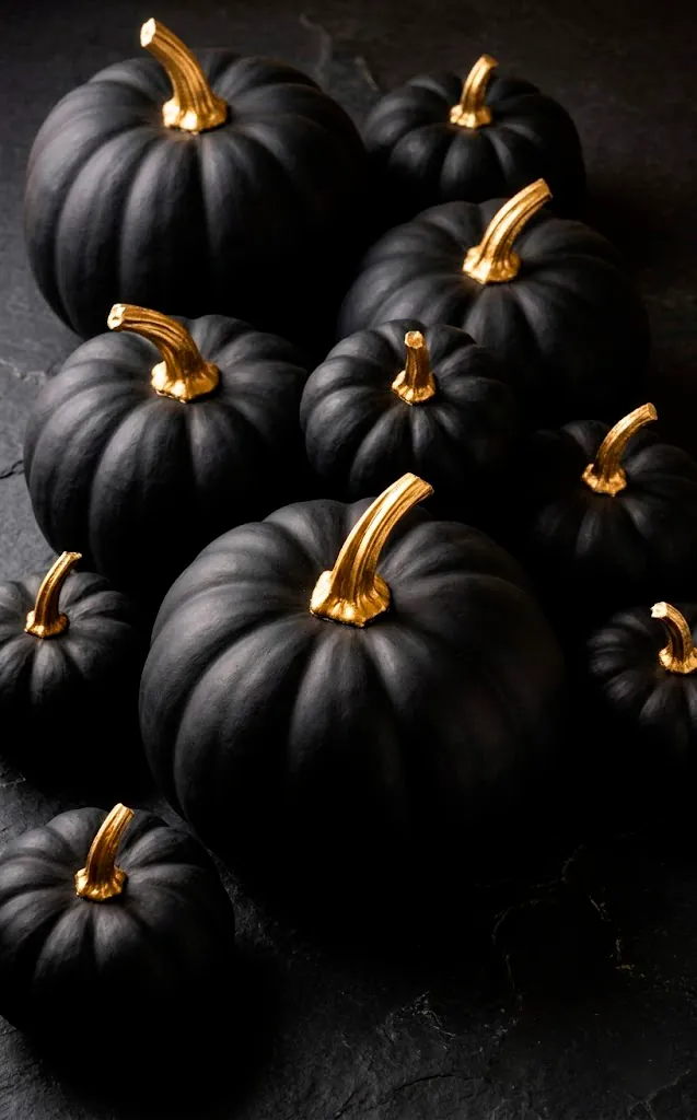 Group of matte black pumpkins with gold stems arranged on a dark stone surface.