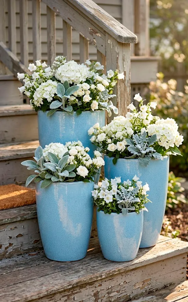 Group of powder blue ceramic planters filled with white flowers on porch steps.